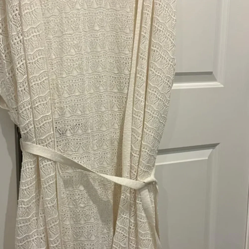 NEW Crochet Duster Short Sleeve Tie Waist Sweater White‎ Longline Cardigan